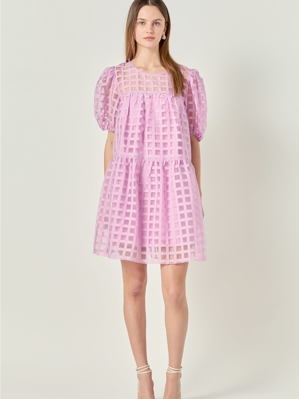 English Factory Lilac Purple Cage Grid Puff Sleeve Babydoll Mini Dress